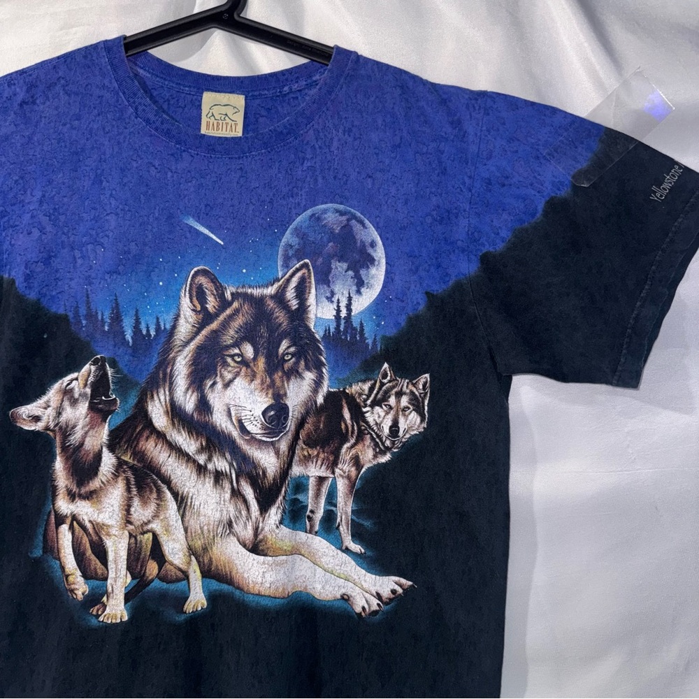 Vtg Tie Dye Yellow Stone National Park Wolf’s  90s Sz M Habitat  T Shirt